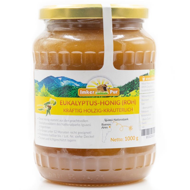 Glas Honig, Etikett mit Produktname und Logo. Aufschrift: Eukalyptus-Honig (roh), 1000 g.
