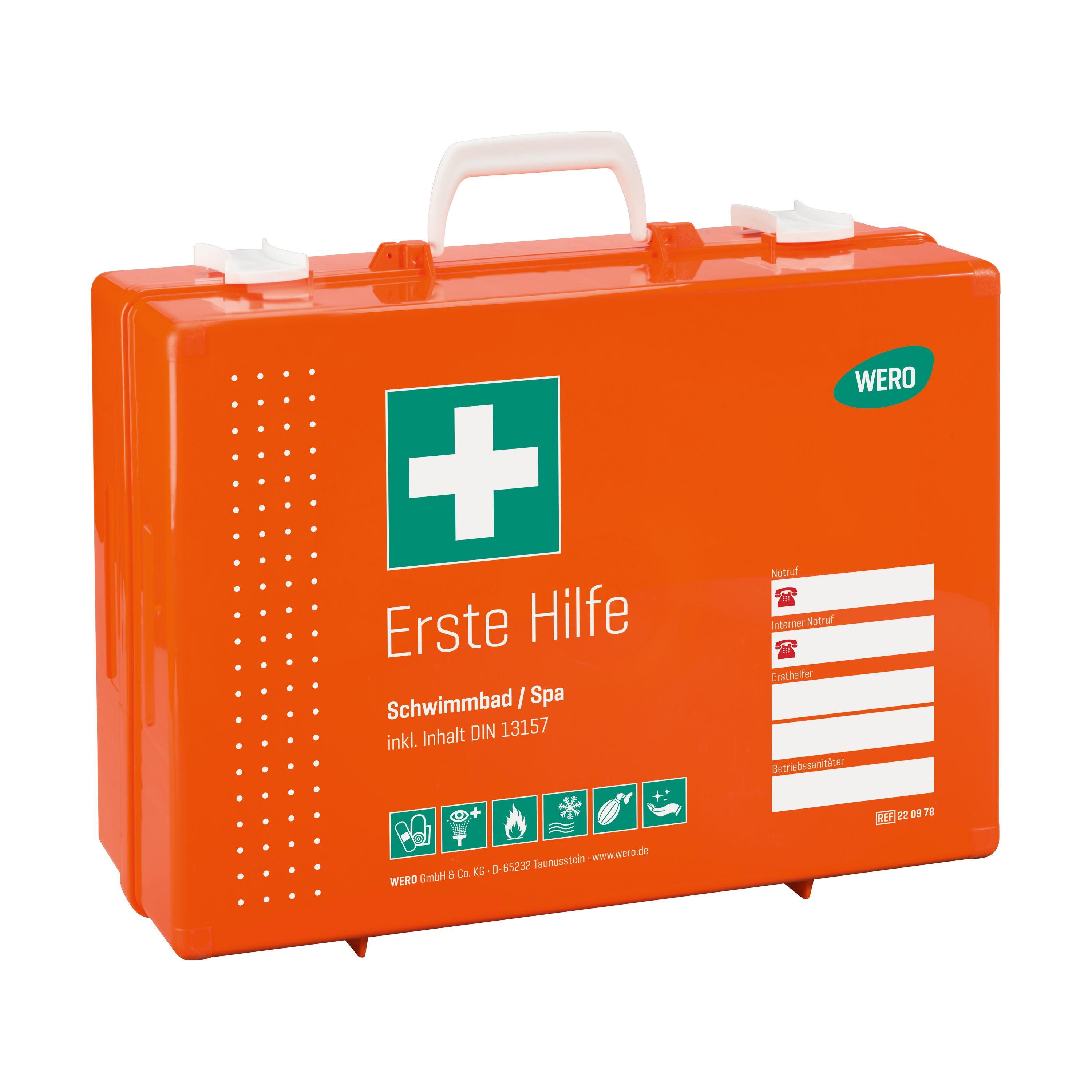 Geschlossener, orangefarbener Erste-Hilfe-Koffer mit weißem Griff und grünem Kreuz. Aufschrift: Erste Hilfe, Schwimmbad/Spa.