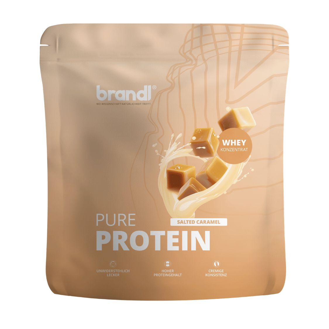 Beige Proteinpulver-Beutel mit "brandl"-Logo und "Pure Protein"-Schriftzug. Abbildung von Karamellwürfeln und Whey-Konzentrat.