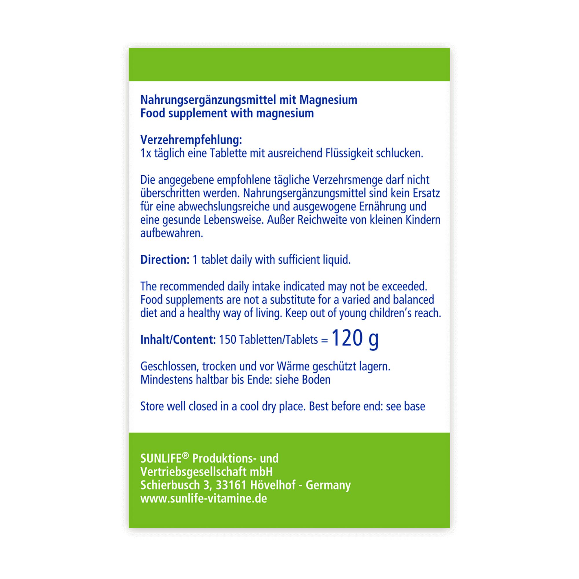 Rückseite der Sunlife Magnesium 300 Tabletten-Verpackung. Text: Nahrungsergänzungsmittel mit Magnesium. Inhalt: 150 Tabletten.