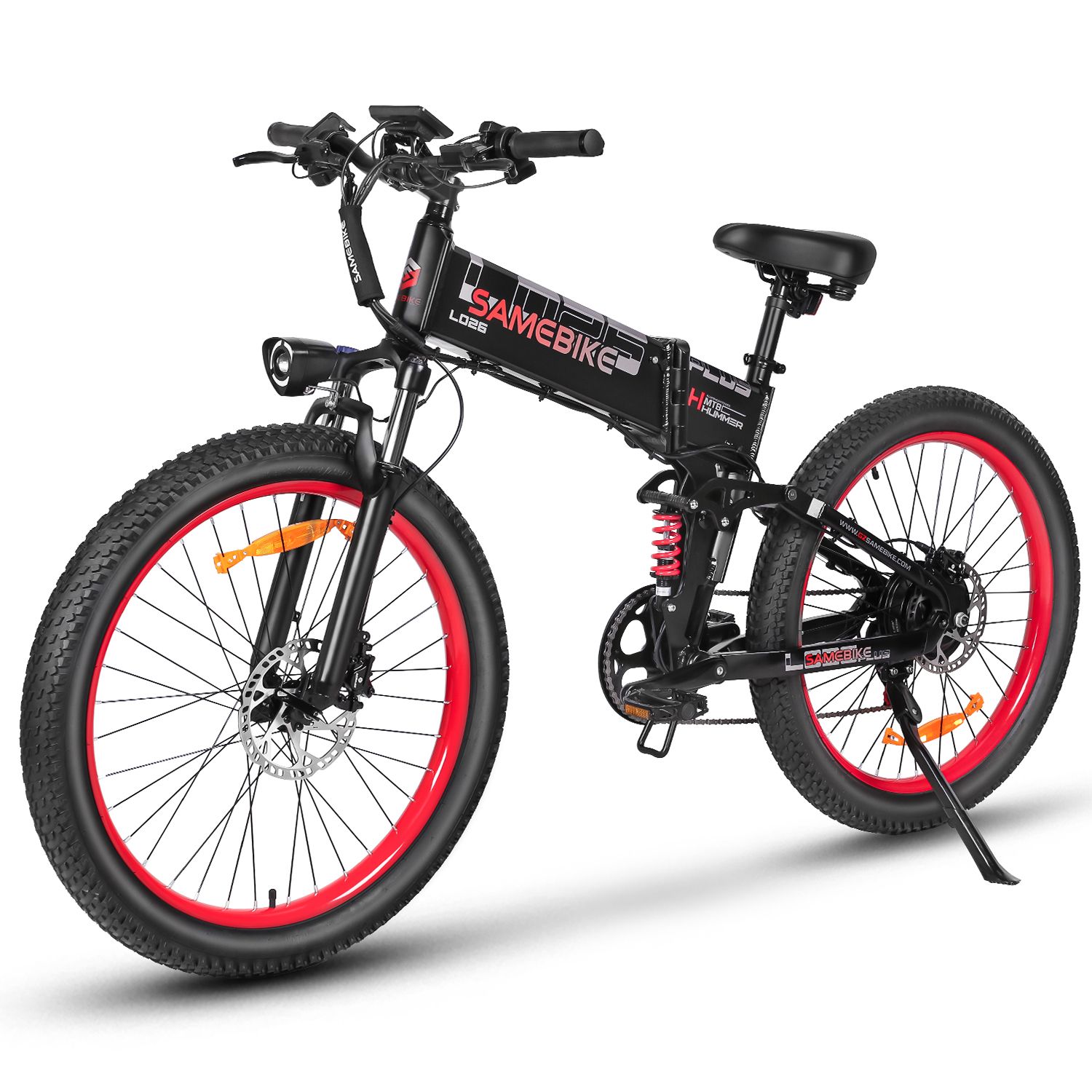 Faltbares E-Bike, schwarz mit roten Felgen. Marke SAMEBIKE, LO26Plus, 48V 15Ah Batterie. Seitliche Ansicht.