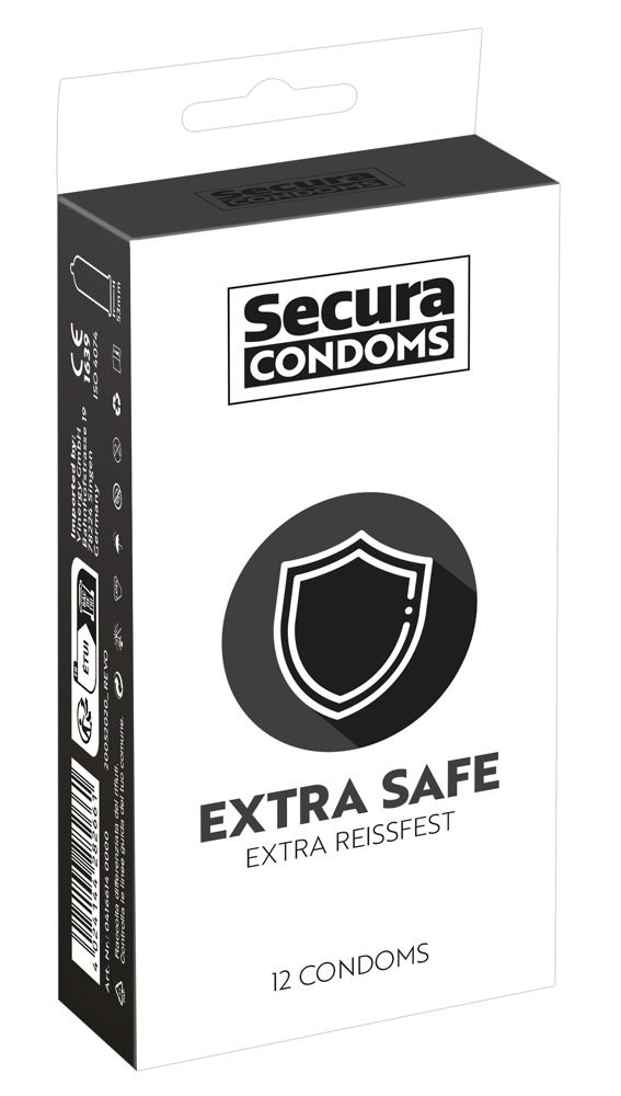 Verpackung von Secura Extra Safe Kondomen. Schwarzes Schild-Symbol. 12 Kondome. Produktinformationen.