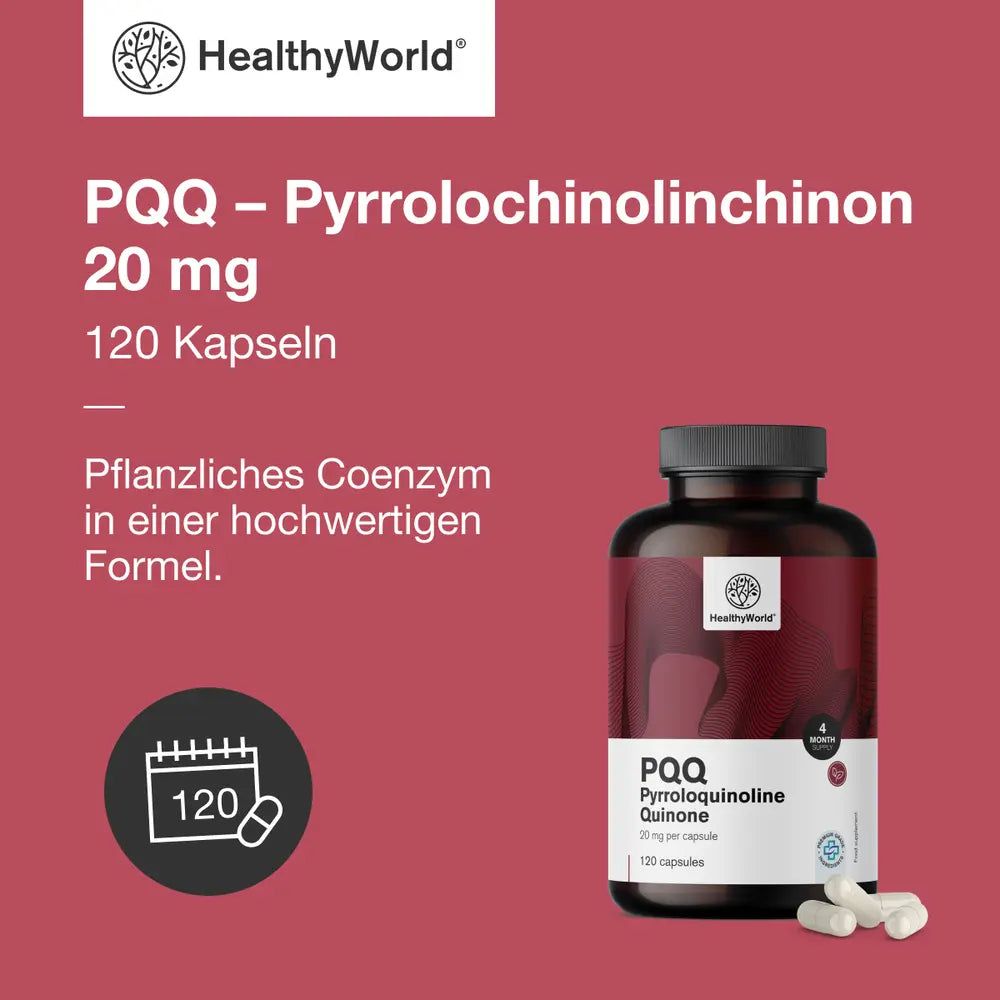 Produkt: PQQ Pyrrolochinolinchinon 20 mg, 120 Kapseln. Braune Flasche mit weißen Kapseln. Marke: HealthyWorld. Text: Pflanzliches Coenzym.