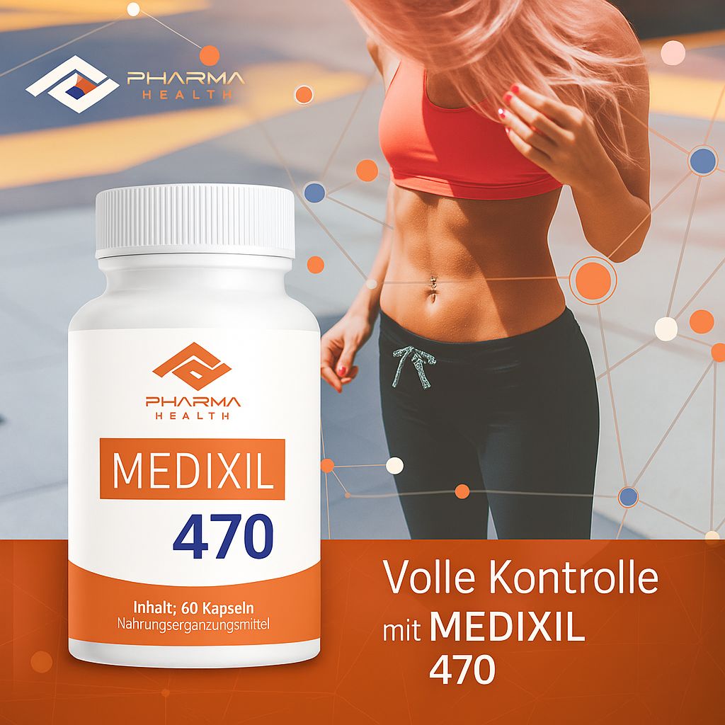Weiße Flasche mit Kapseln, MEDIXIL 470. Pharma Health Logo. Text: Nahrungsergänzungsmittel. Frau im Sport-Outfit.
