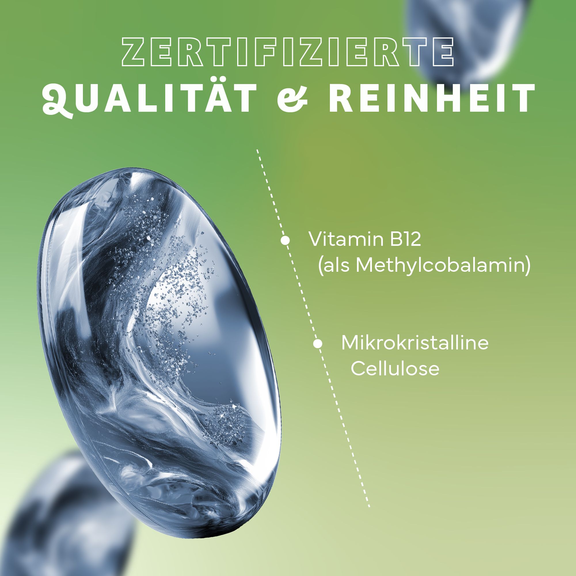 Nahaufnahme einer Kapsel. Beschriftung: Vitamin B12 (als Methylcobalamin) und mikrokristalline Cellulose. Hintergrund: grüne Farbverläufe.