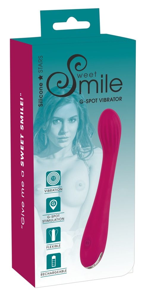 Verpackung mit Produktabbildung. Text: Sweet Smile, G-Spot Vibrator, 12 Vibrationen, G-Spot Stimulation, flexibel, wiederaufladbar.