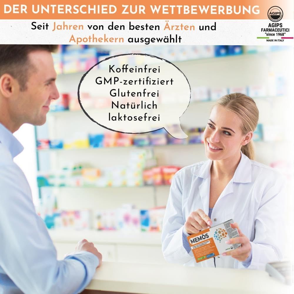 Ein Apotheker und ein Kunde stehen vor einem Regal. Der Apotheker hält eine MEMOS-Verpackung. Textblase mit 'Koffeinfrei', 'GMP-zertifiziert', 'Glutenfrei', 'Natürlich', 'laktosefrei'.