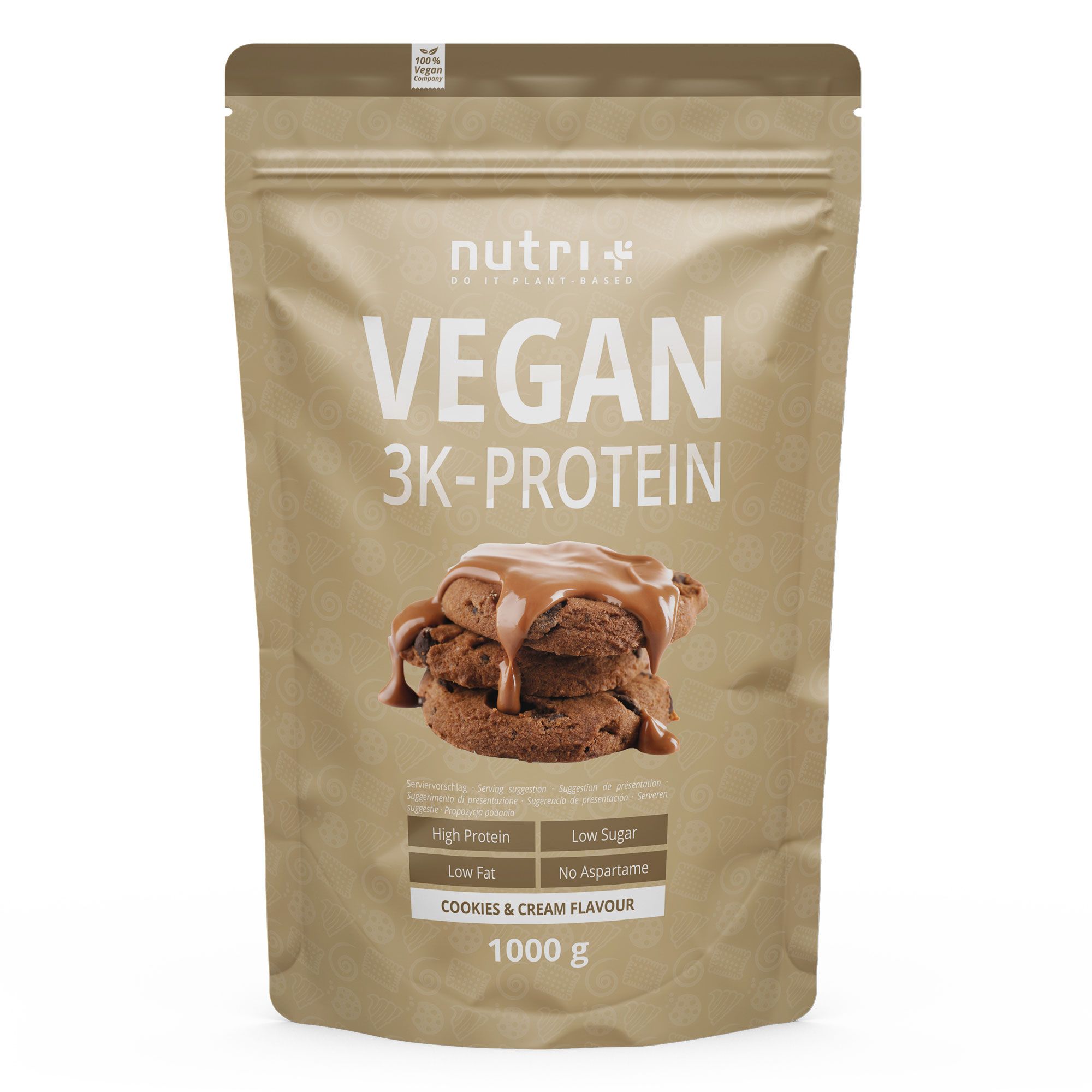 Braune Standbodenbeutel mit nutri+ Logo, "VEGAN 3K-PROTEIN" und Keksen mit Schokoladenglasur. 1000 g.