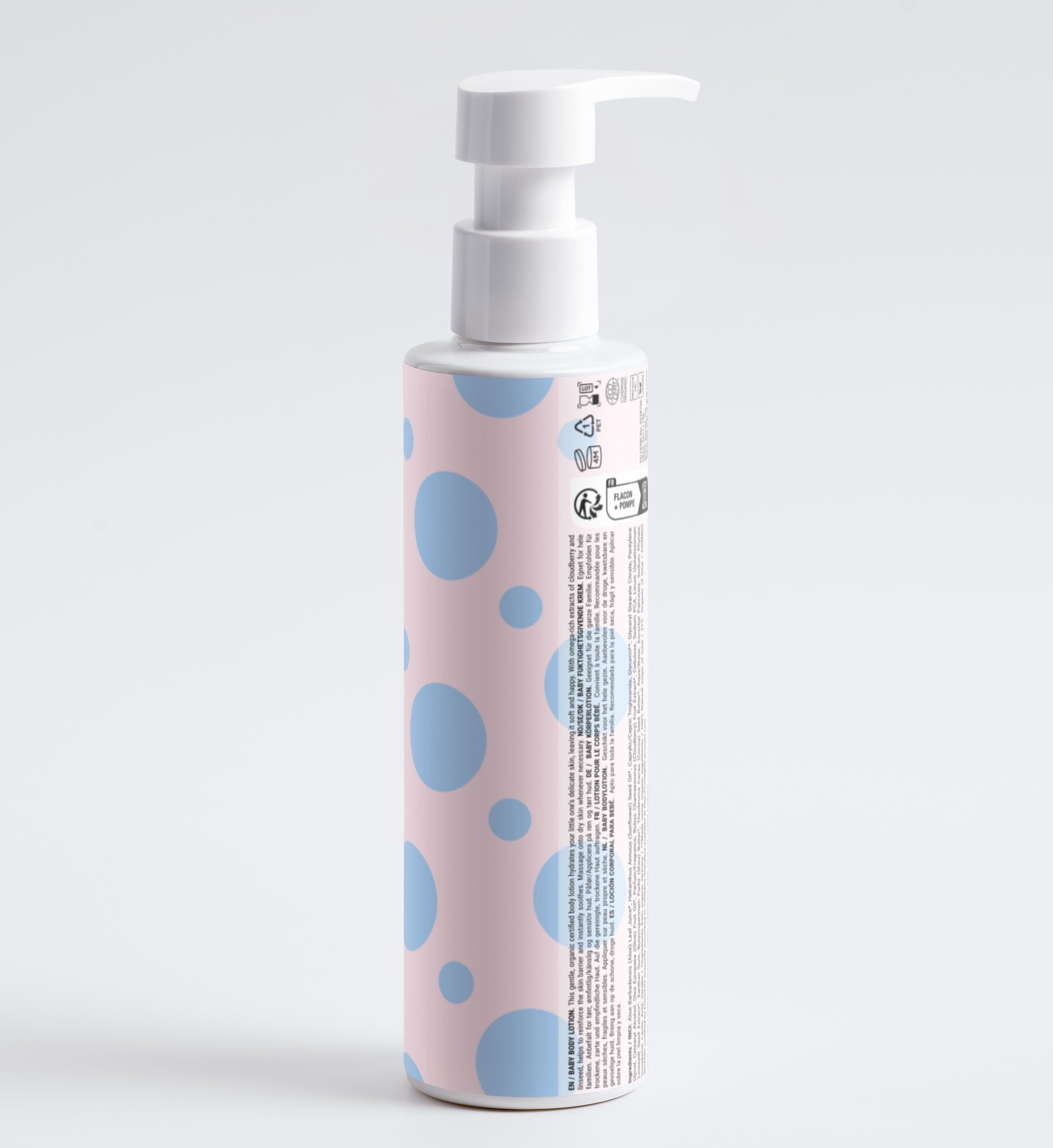 Rückseite einer rosa Flasche Zero Skin Baby Body Lotion mit blauen Kreisen und Produktinformationen.