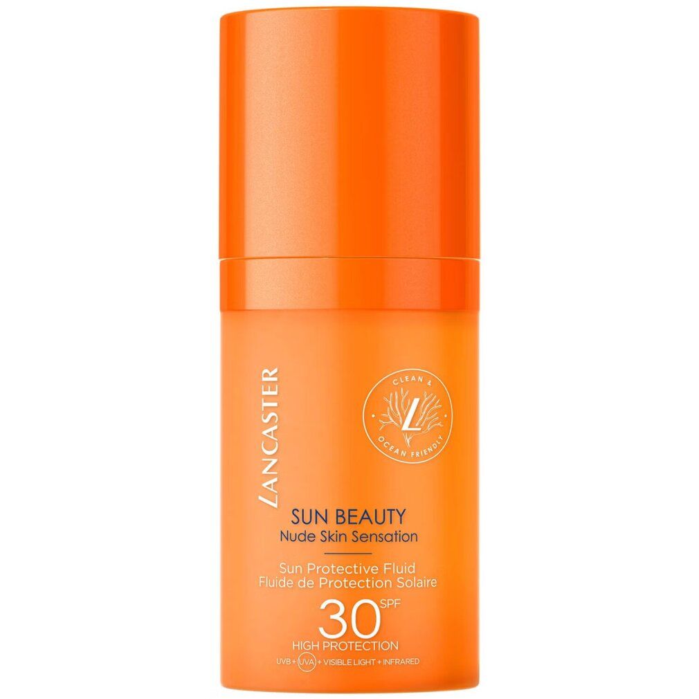 Orangefarbene Sonnencreme-Flasche mit Aufschrift SUN BEAUTY, SPF 30 und Lancaster-Logo. Vegan-Siegel.