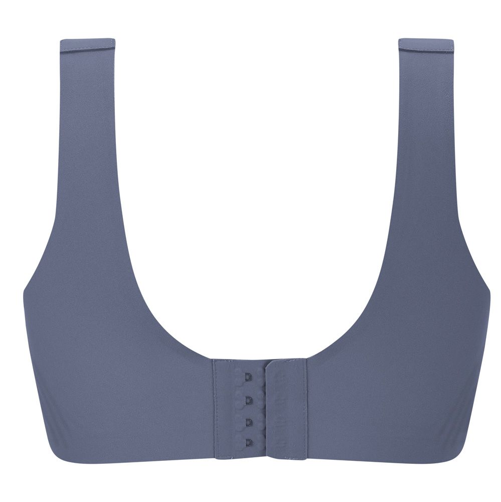 Blauer BH mit breiten Trägern und dreireihigem Hakenverschluss. Glatter Stoff, ohne sichtbare Details. Vorderansicht.