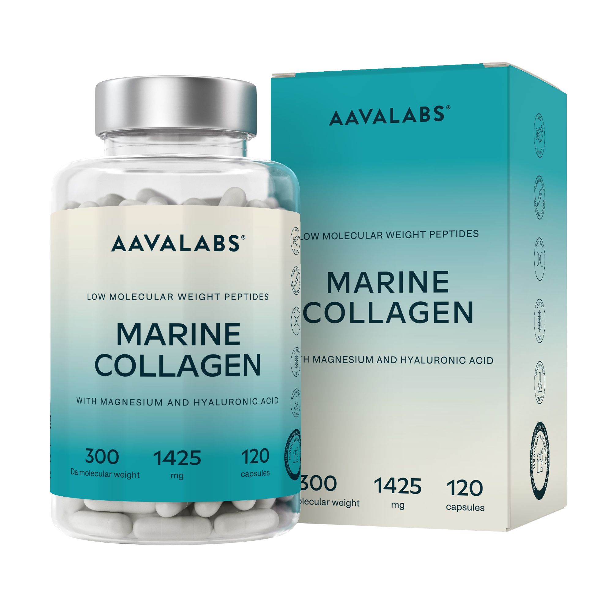 Produktflasche und Schachtel. Aufschrift: AAVALABS, Marine Collagen, 120 Kapseln. Enthält Magnesium und Hyaluronsäure.