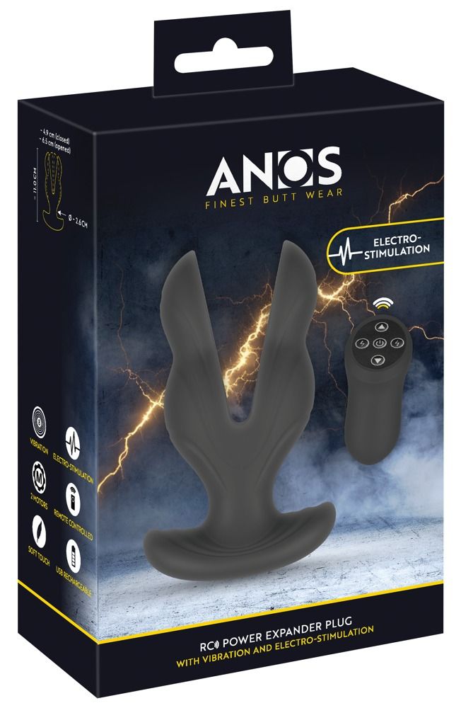 Produktverpackung. Schwarze Box mit Produktbild und Text: ANOS, Finest Butt Wear, Electro-Stimulation.