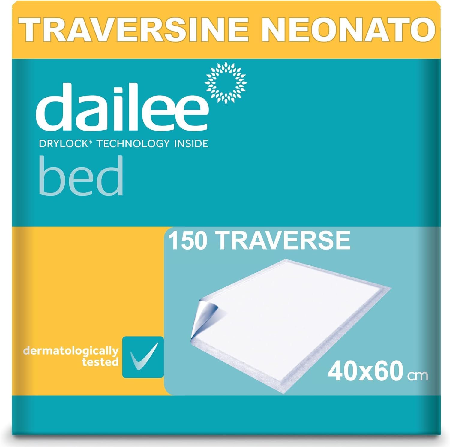 Verpackung mit Dailee Bed Bettunterlagen. Größe 40x60 cm. Dermatologisch getestet. Trocken-Technologie.