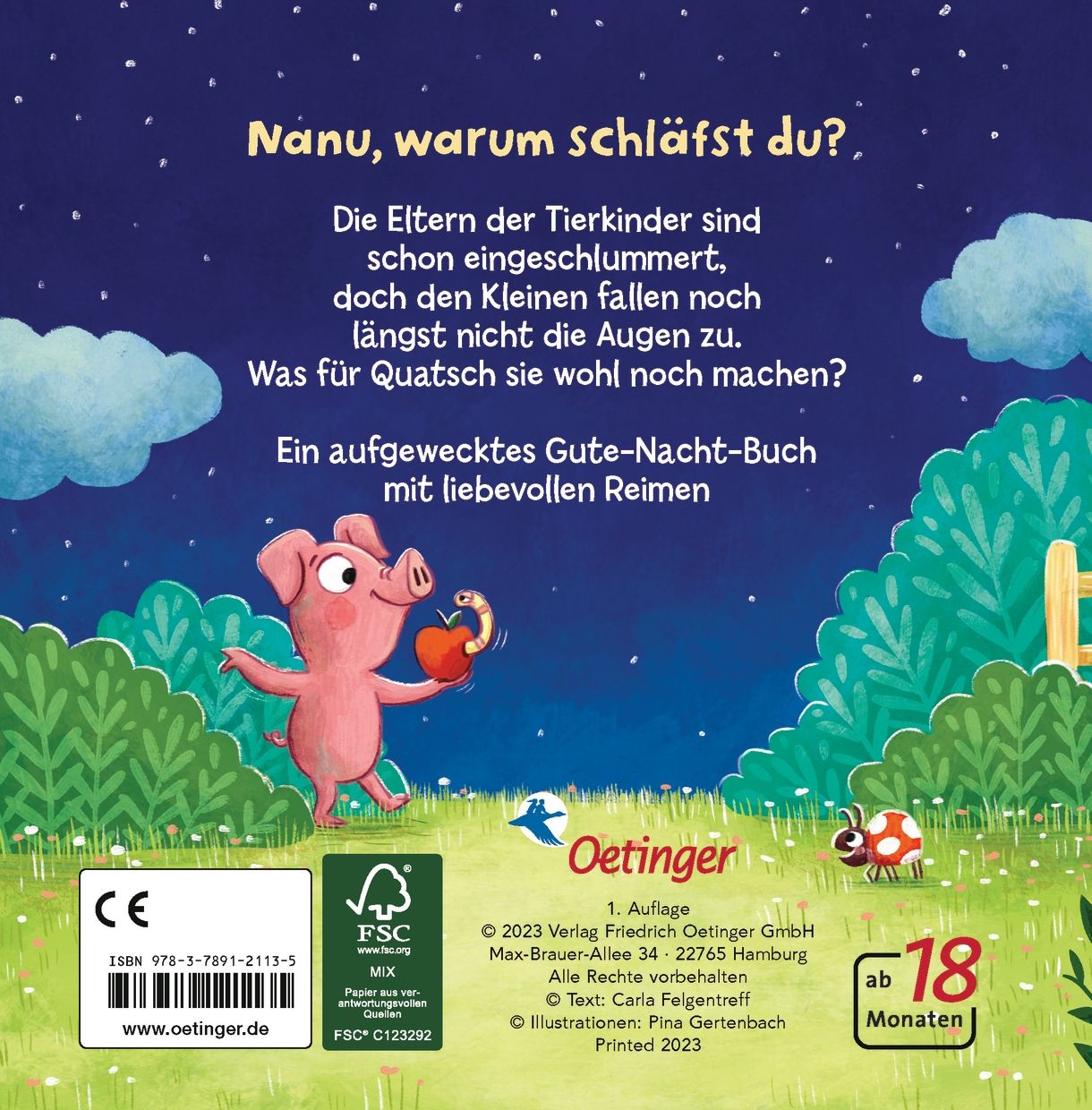 Rückseite des Buches "Wir sind noch wach und machen Krach!". Text, Illustration mit Schwein. Verlag Oetinger. FSC-Zertifizierung.