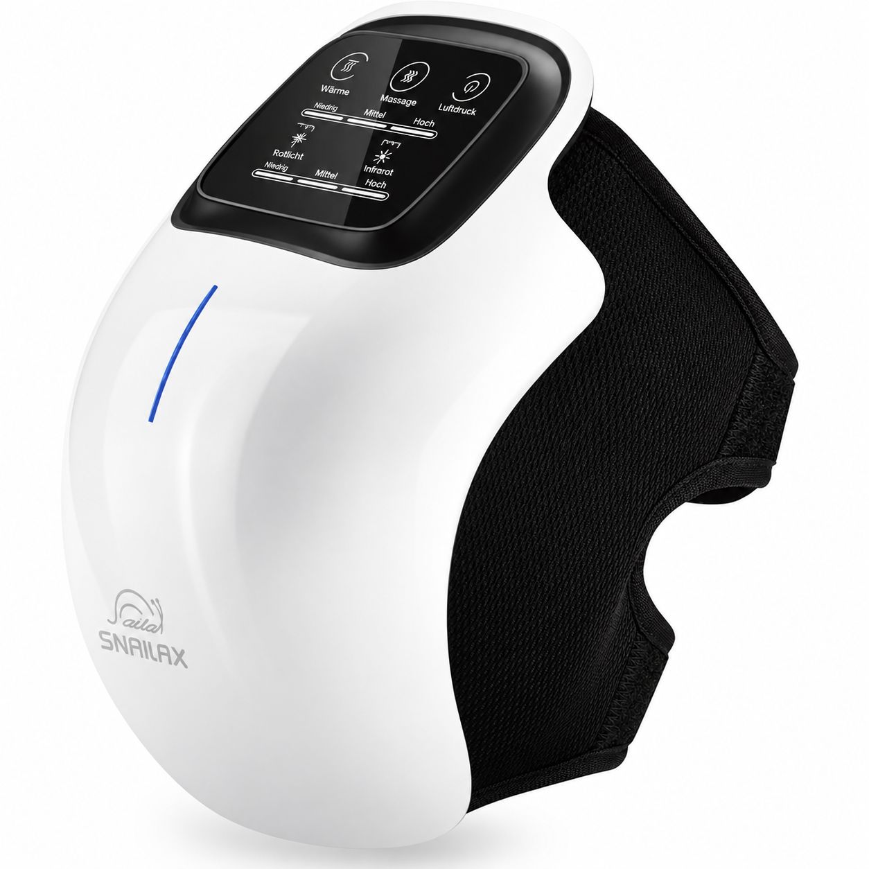 Ein weißes Kniemaschinen-Massagegerät mit schwarzem Klettverschluss und LED-Display.