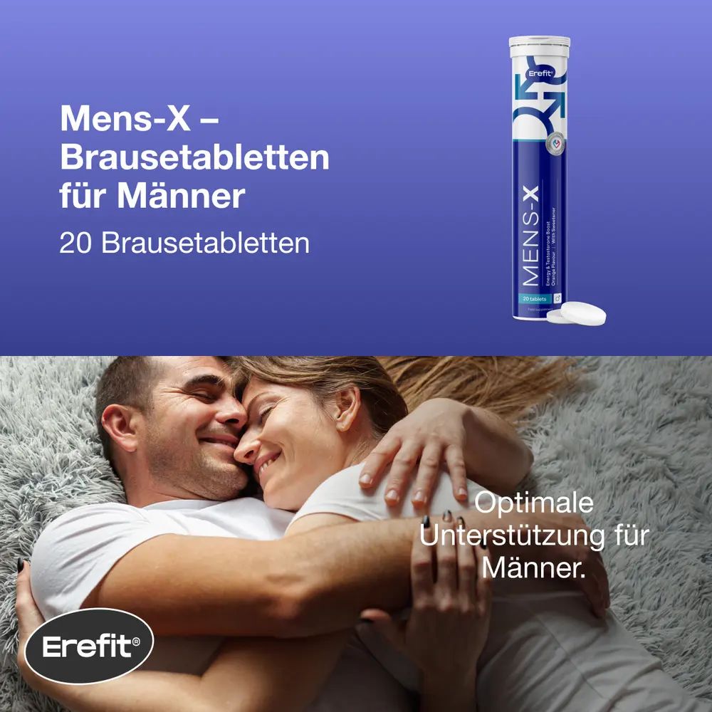 Mann und Frau im Bett. Tube MENS-X. Text: Brausetabletten für Männer. Marke: Erefit.