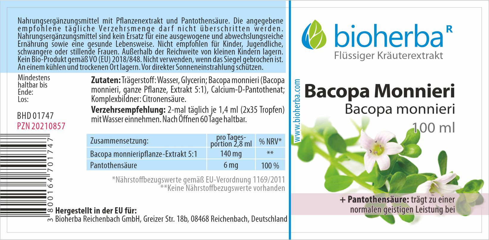 Etikett mit Produktinformationen. Text: Bacopa Monnieri, Kräuterextrakt, Inhaltsstoffe, Verzehrempfehlung. PZN 20210857.