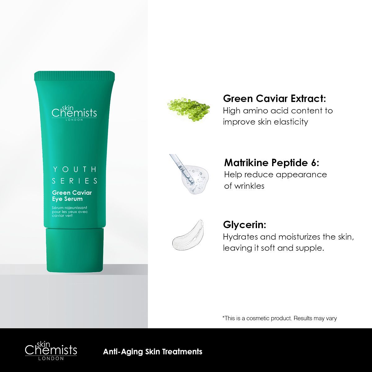 Grüne Tube SkinChemists Jugendserie Grünes Kaviar Augenserum. Aufschrift: Youth Series, Green Caviar Eye Serum. Inhaltsstoffe: Grüner Kaviar, Matrikine Peptid 6, Glycerin.