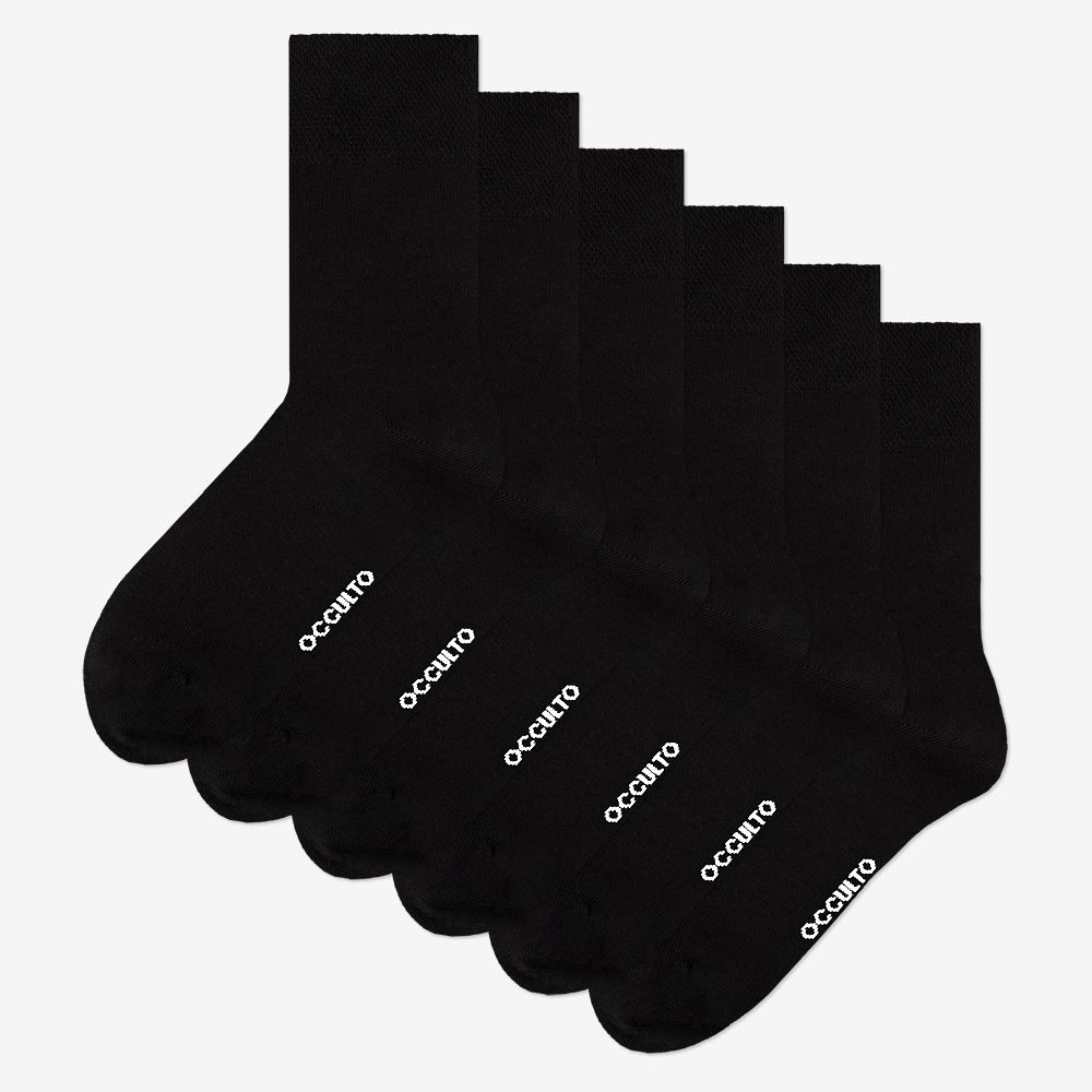 Sechs schwarze Herrensocken, nahtlos, ohne Gummibund, Baumwolle.