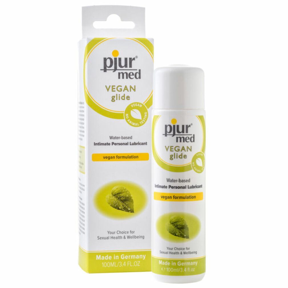 pjur med Vegan Glide Gleitmittel mit Verpackung. Aufschrift: VEGAN glide, Wasserbasiert, vegane Formulierung. Flasche und Verpackung.