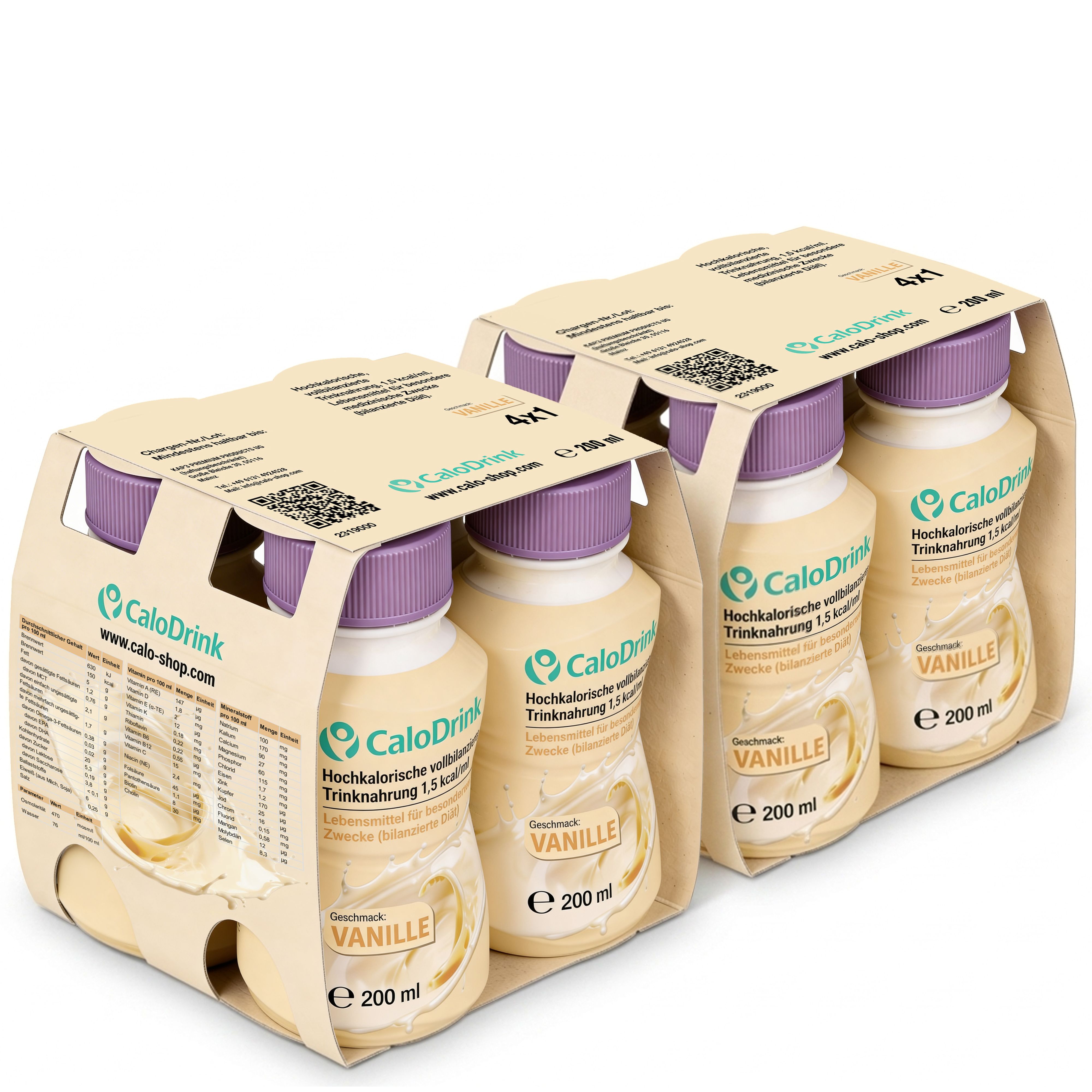 Zwei Packungen CaloDrink. Aufschrift: Vanille, 200 ml. 4x1. Auf der Verpackung: Logos und Text. Produktansicht.