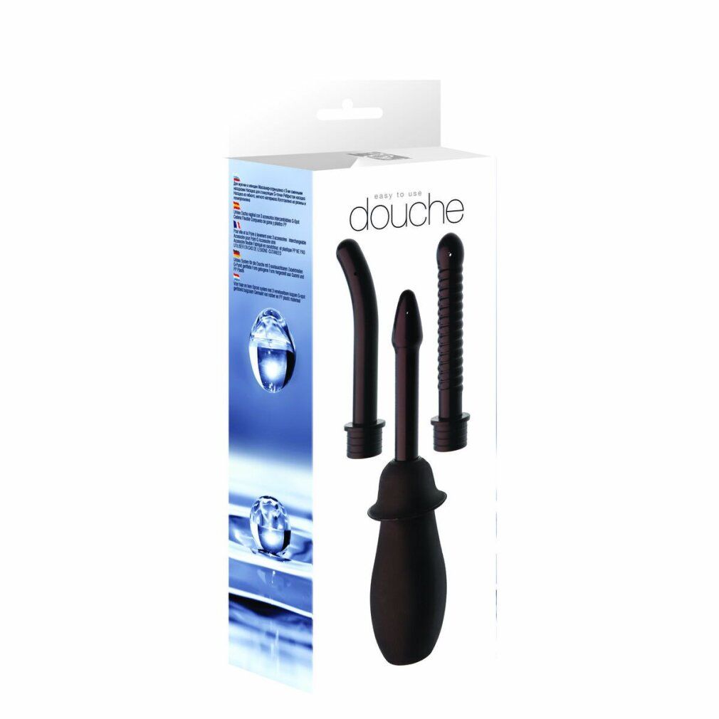 Schwarzes Anal-Douche-Kit in Verpackung. Enthält eine Spritze und drei Aufsätze. Auf der Verpackung steht "douche".
