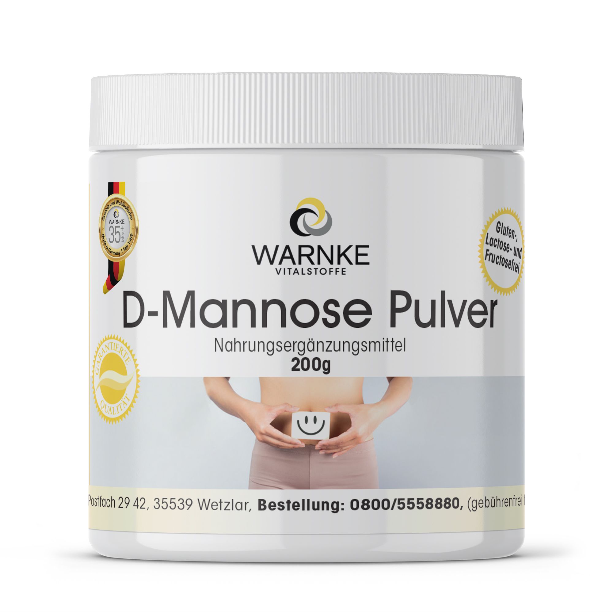 Weißes Pulver in Dose. Aufschrift: Warnke Vitalstoffe D-Mannose Pulver, Nahrungsergänzungsmittel. Mit Zertifizierungen und Logo.