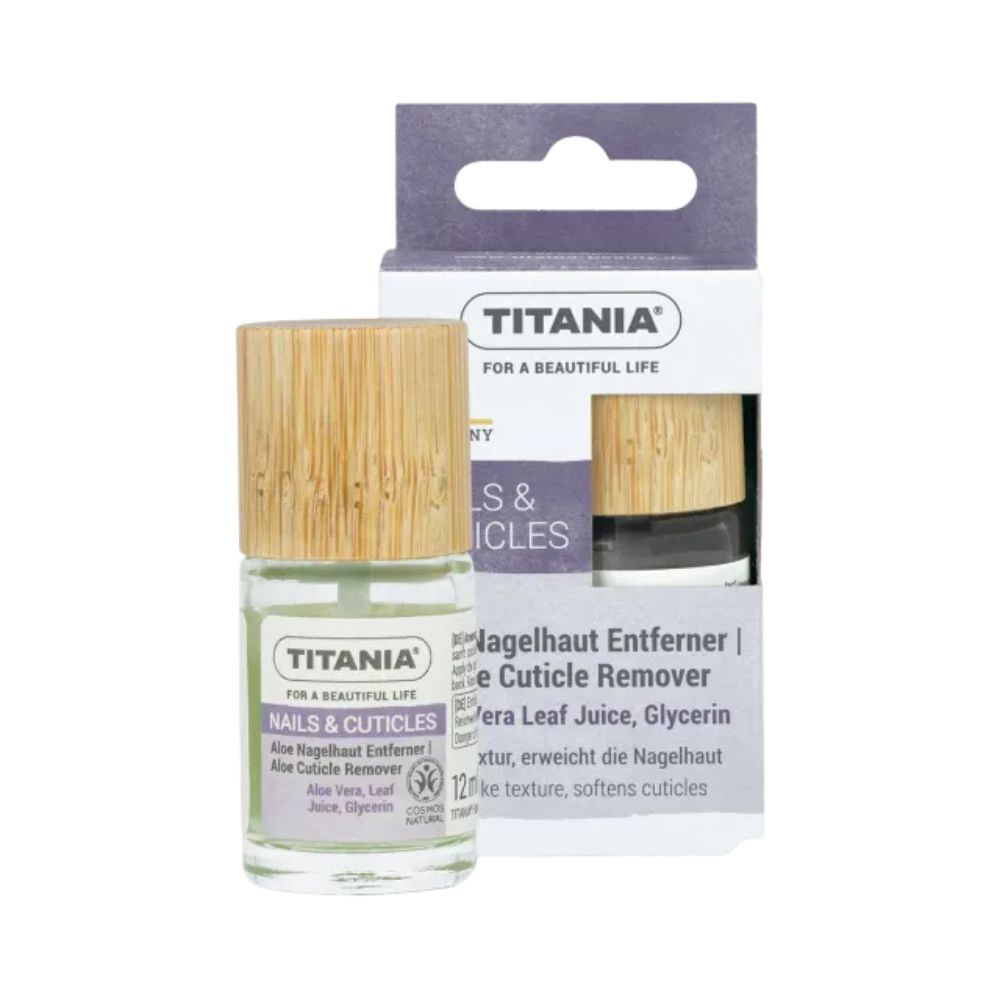 Nagelhautentferner-Flasche mit Holzdeckel und Kartonverpackung. Aufschrift: TITANIA, Nails & Cuticles, Aloe Nagelhaut Entferner.