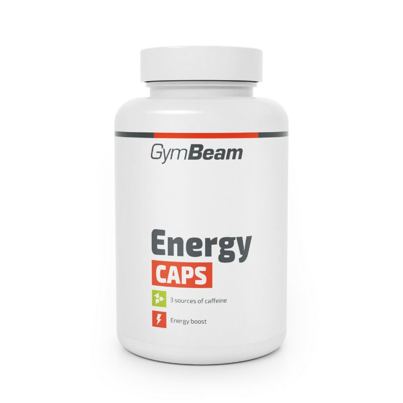 GymBeam Energy CAPS Kapseldose mit weißem Deckel und Etikett, das Energie-Boost und Koffein hervorhebt.