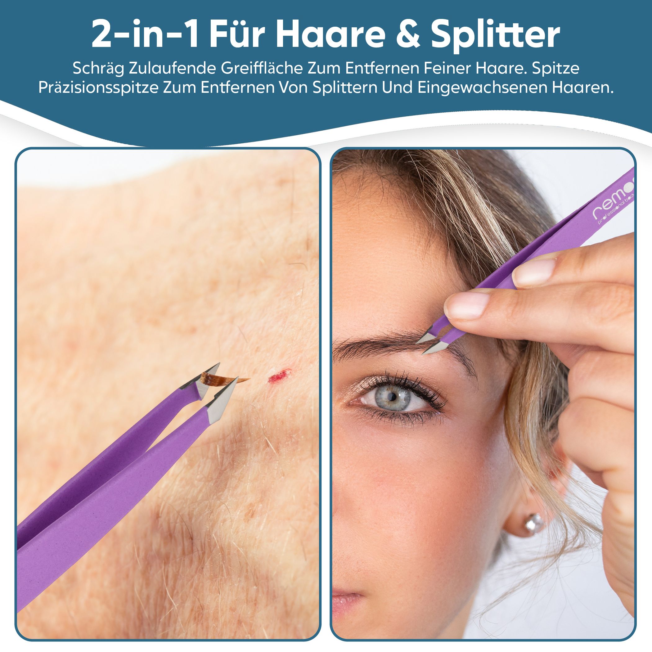 Lila Kombizange mit schräger und spitzer Präzisionsspitze zum Entfernen feiner Haare und Splitter.