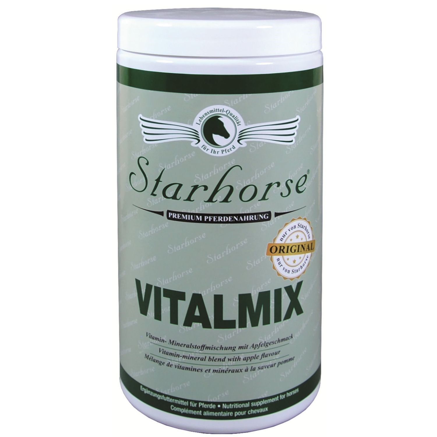 Zylindrische Dose mit weißem Deckel. Aufschrift Starhorse Vitalmix. Etikett mit Logo und Text. Original-Siegel.