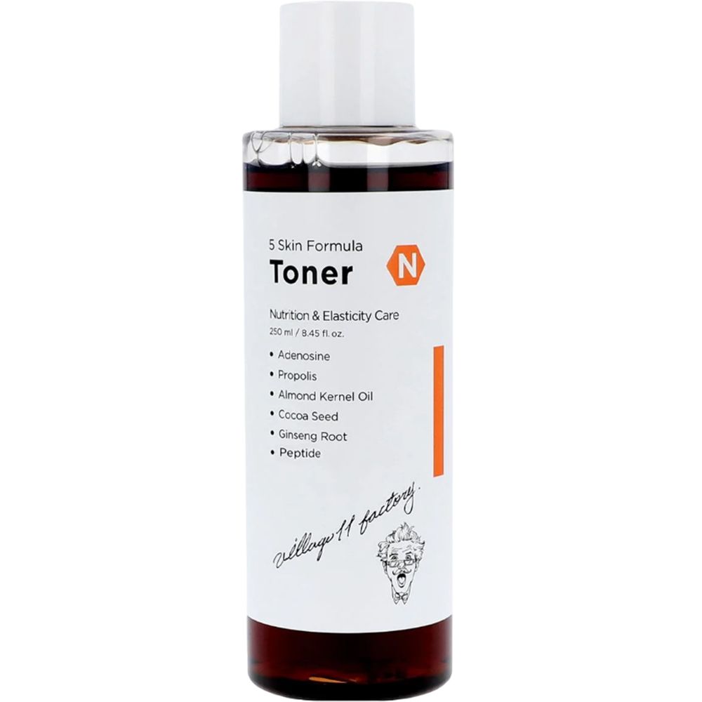 Transparente Flasche mit weißem Deckel. Aufkleber mit Text: Toner, 5 Skin Formula, N. Orangefarbener Streifen. Flüssigkeit sichtbar.