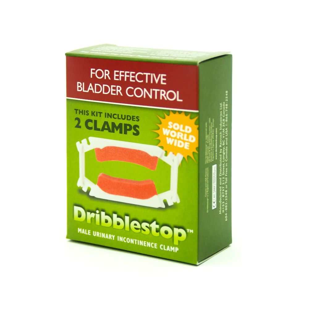 Grüne Schachtel mit roter Schrift: "FOR EFFECTIVE BLADDER CONTROL". Enthält 2 Klemmen. Produktname: Dribblestop Male Urinary Incontinence Clamp.