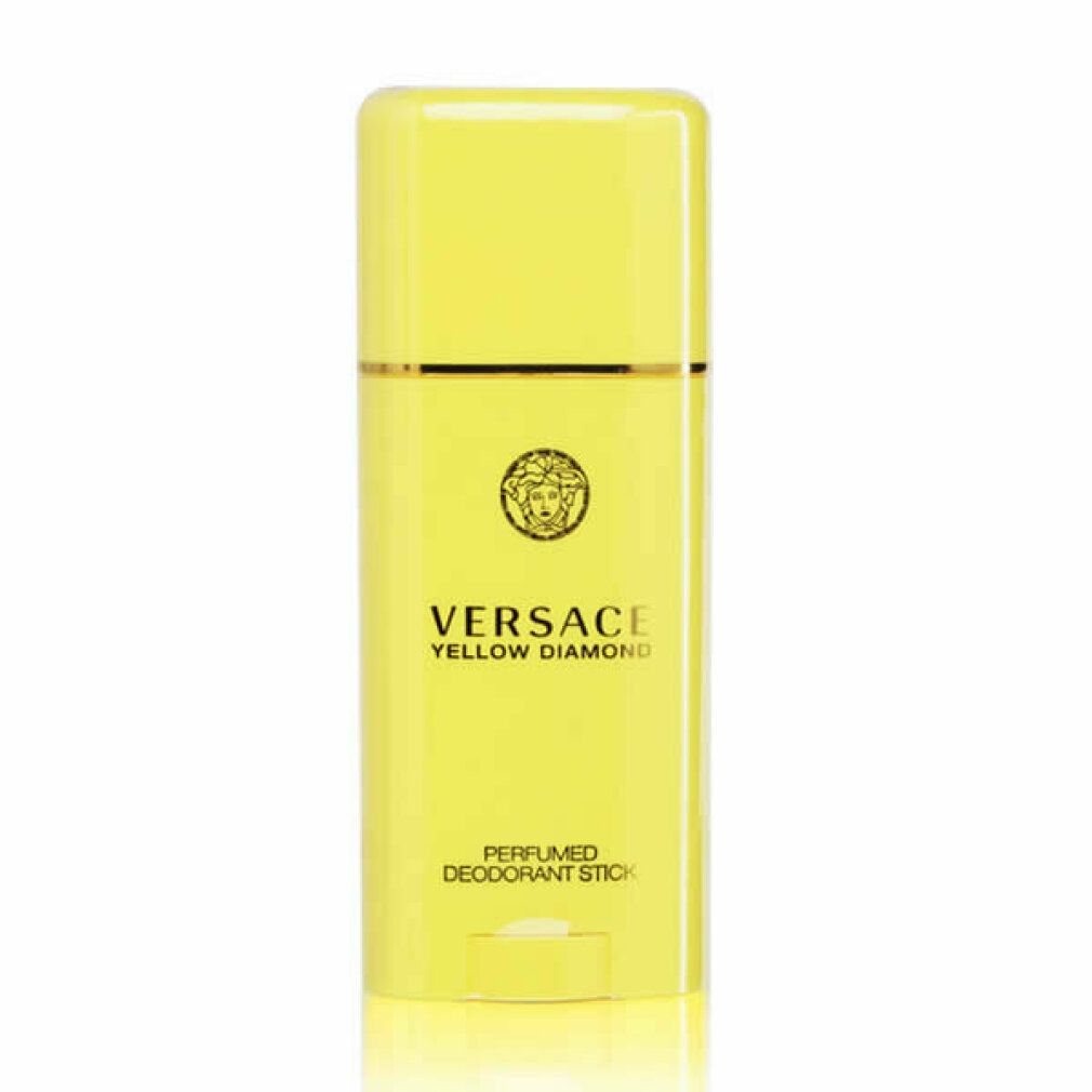 Gelber Deodorant-Stick. Aufschrift: VERSACE YELLOW DIAMOND. Goldfarbene Details. Unterseite mit Drehmechanismus.
