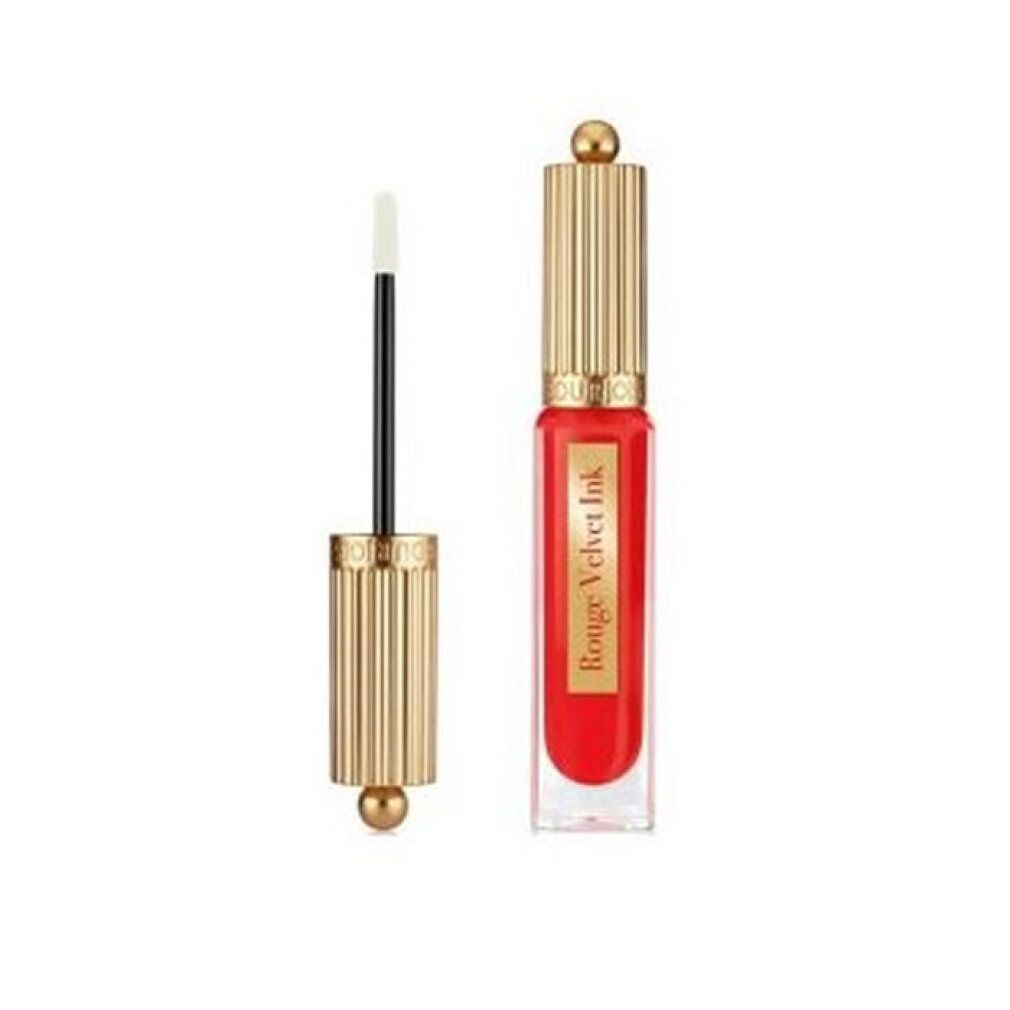Bourjois Rouge Velvet Ink Lippenstift, Farbe 08 Coquelic'Hot, mit goldenem Deckel und Applikator.