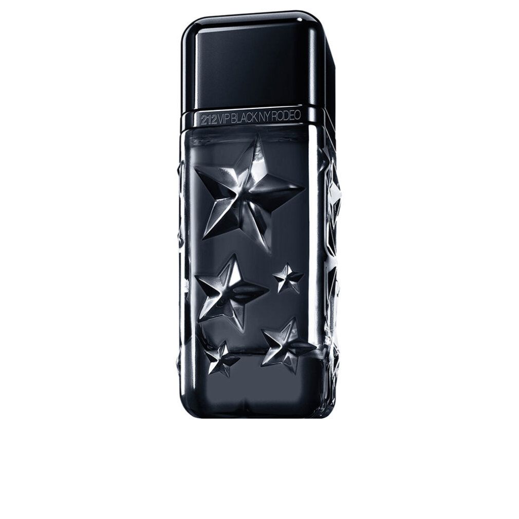 Schwarzer Flakon mit Sternenrelief. Aufschrift: 212 VIP BLACK NYRODEO.