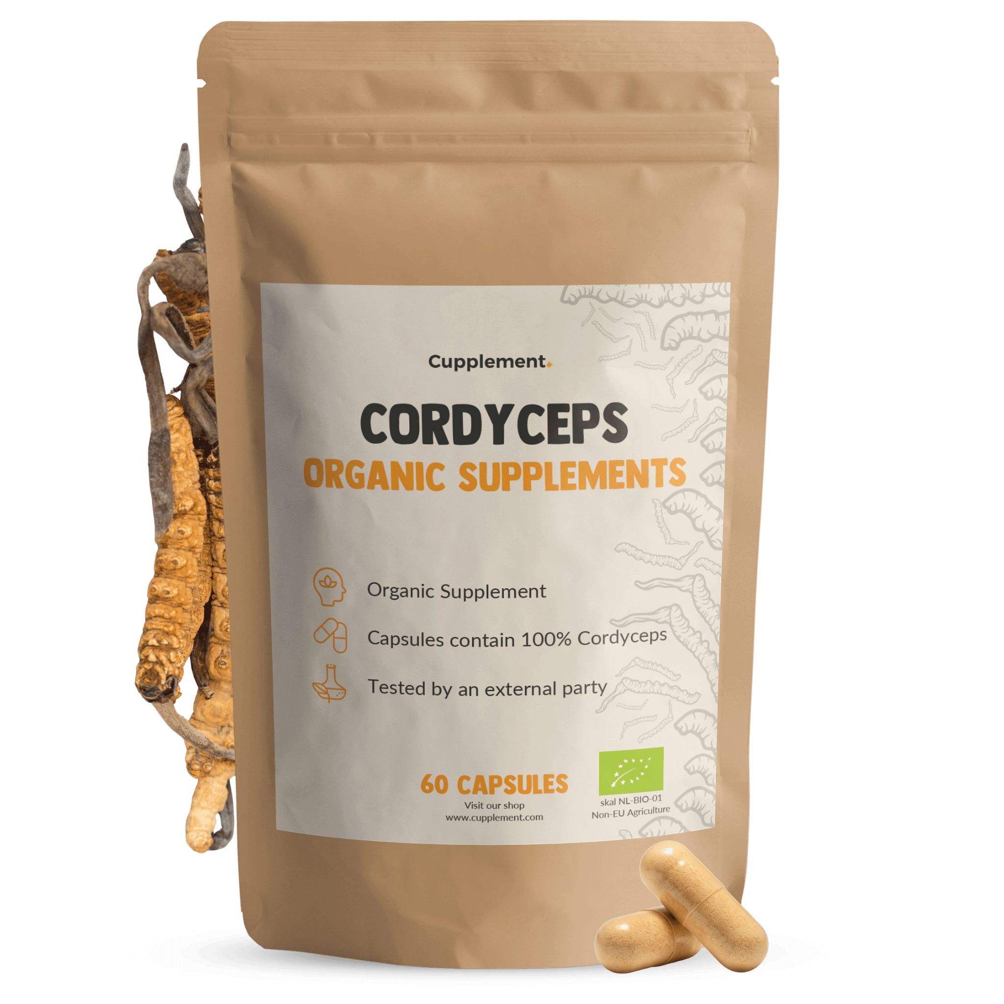 Beutel mit Cupplement® Cordyceps Kapseln. Braune Kapseln liegen daneben. Text: Cordyceps Organic Supplements.