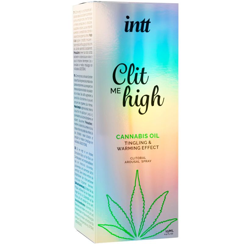 Verpackung mit Hologramm-Effekt. Aufschrift: INTT, Clit Me High, Cannabis Oil. Cannabisblatt-Grafik. Text in mehreren Sprachen.