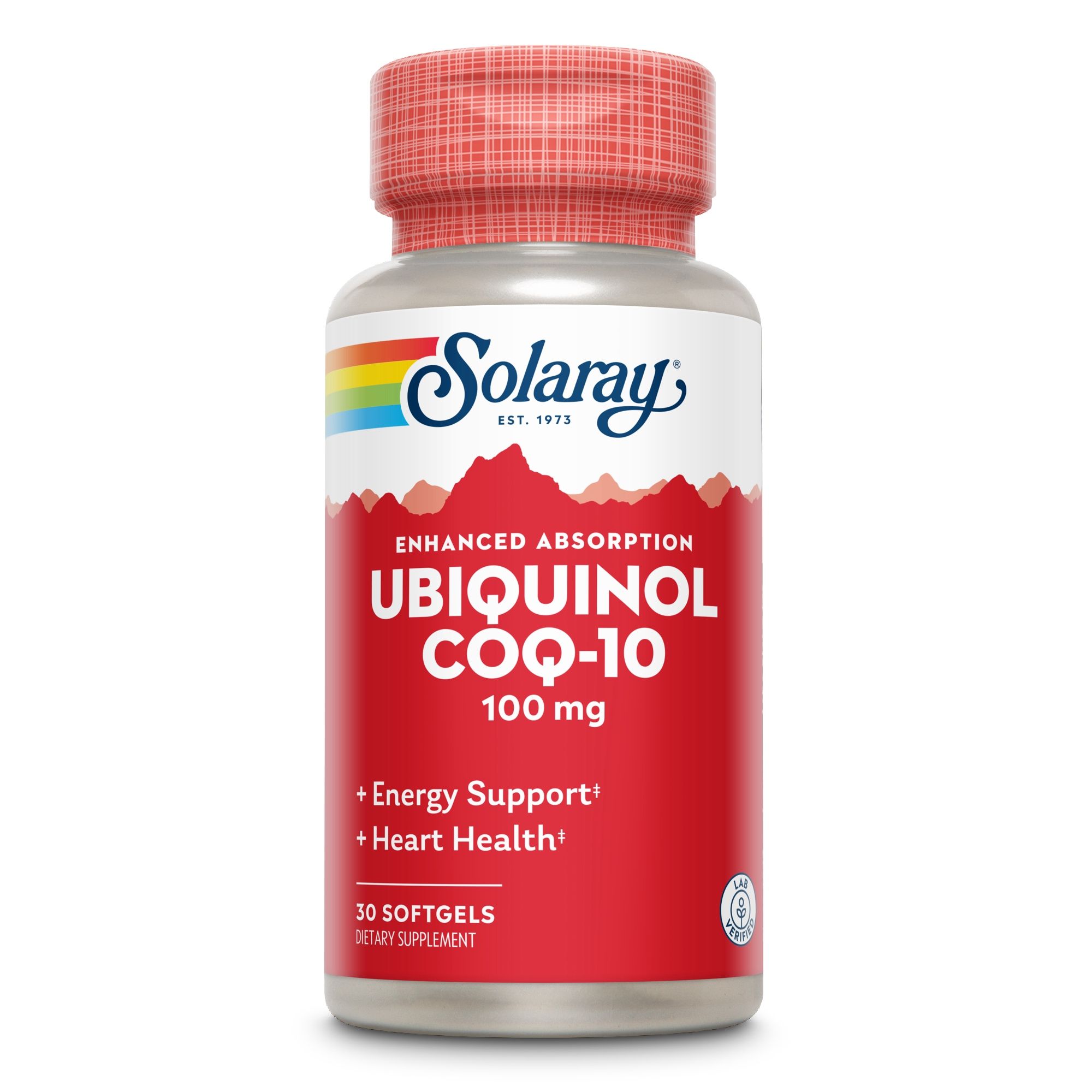Solaray Ubiquinol CoQ-10 100 mg Flasche. Rote Kapseln, 30 Softgels. Text: Enhanced Absorption, Energy Support, Heart Health.
