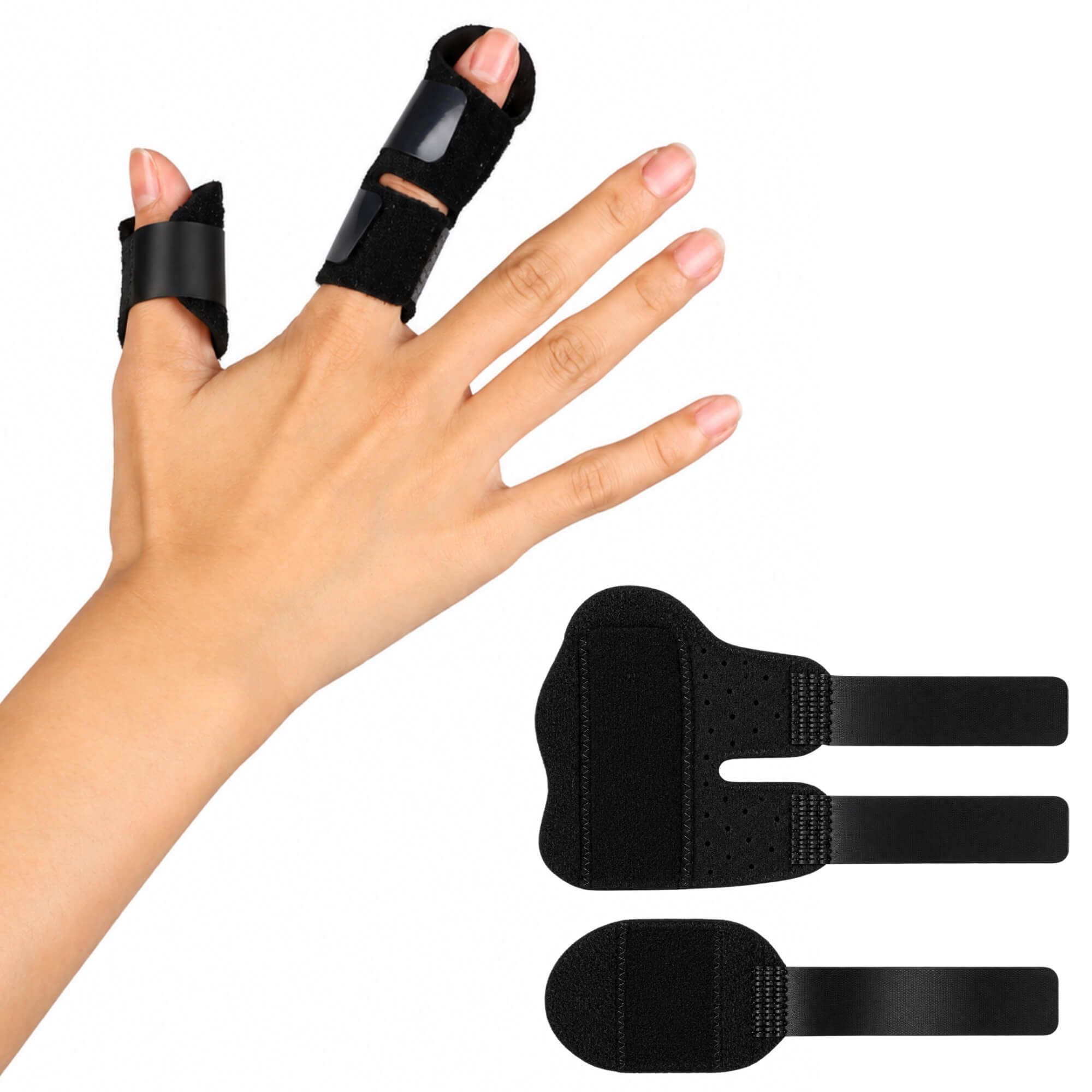 Verpackungsinhalt: Beutel, Anleitung und zwei schwarze Fingerschienen.