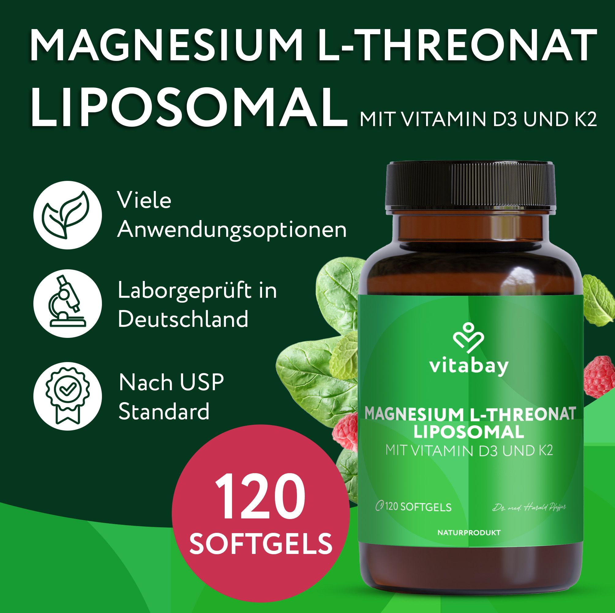 Braune Flasche mit grünem Etikett. Text: Magnesium L-Threonat Liposomal, Vitamin D3 und K2. 120 Softgels. Vitabay Logo. Blätter.