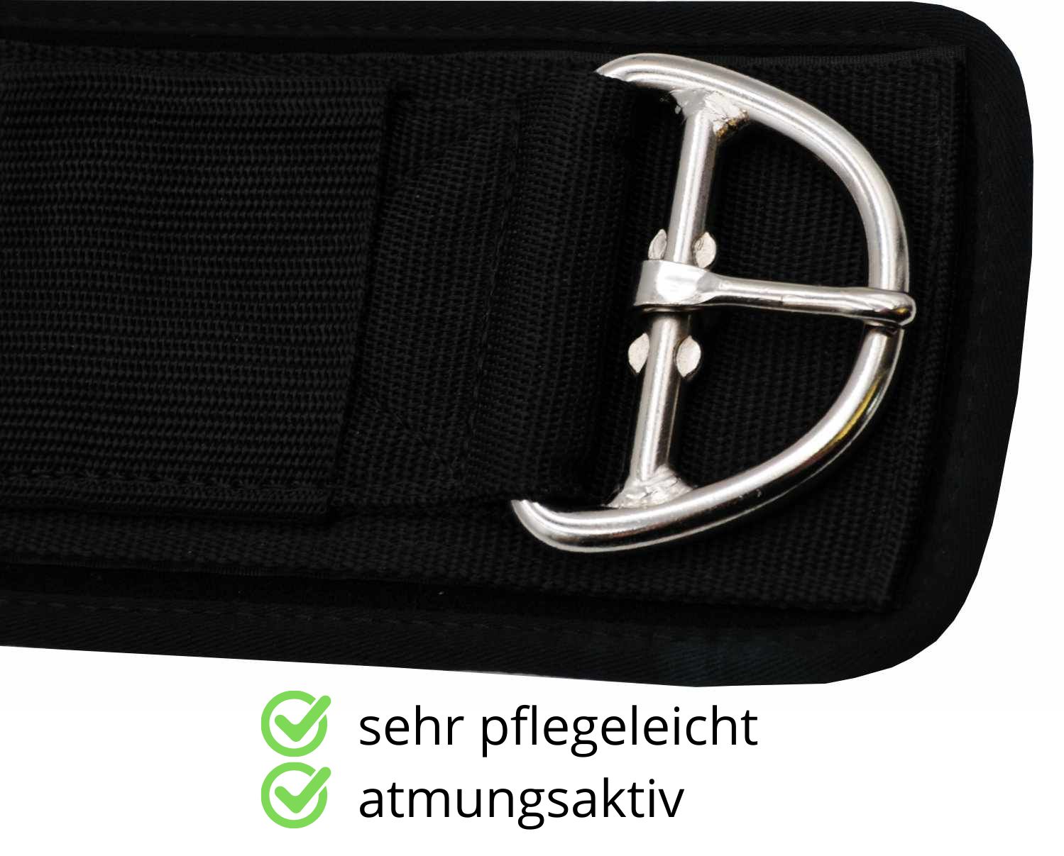 Schwarzer Sattelgurt mit silberner Schnalle. Text: sehr pflegeleicht, atmungsaktiv.