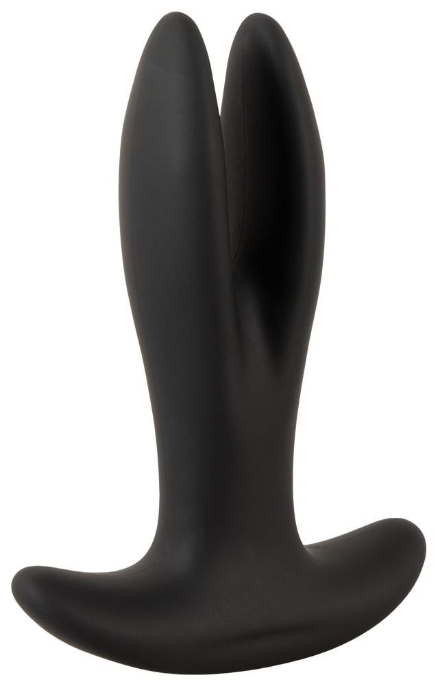 Schwarzer Analspreizer mit erweiterbaren Flügeln. Das Produkt hat eine T-Form.