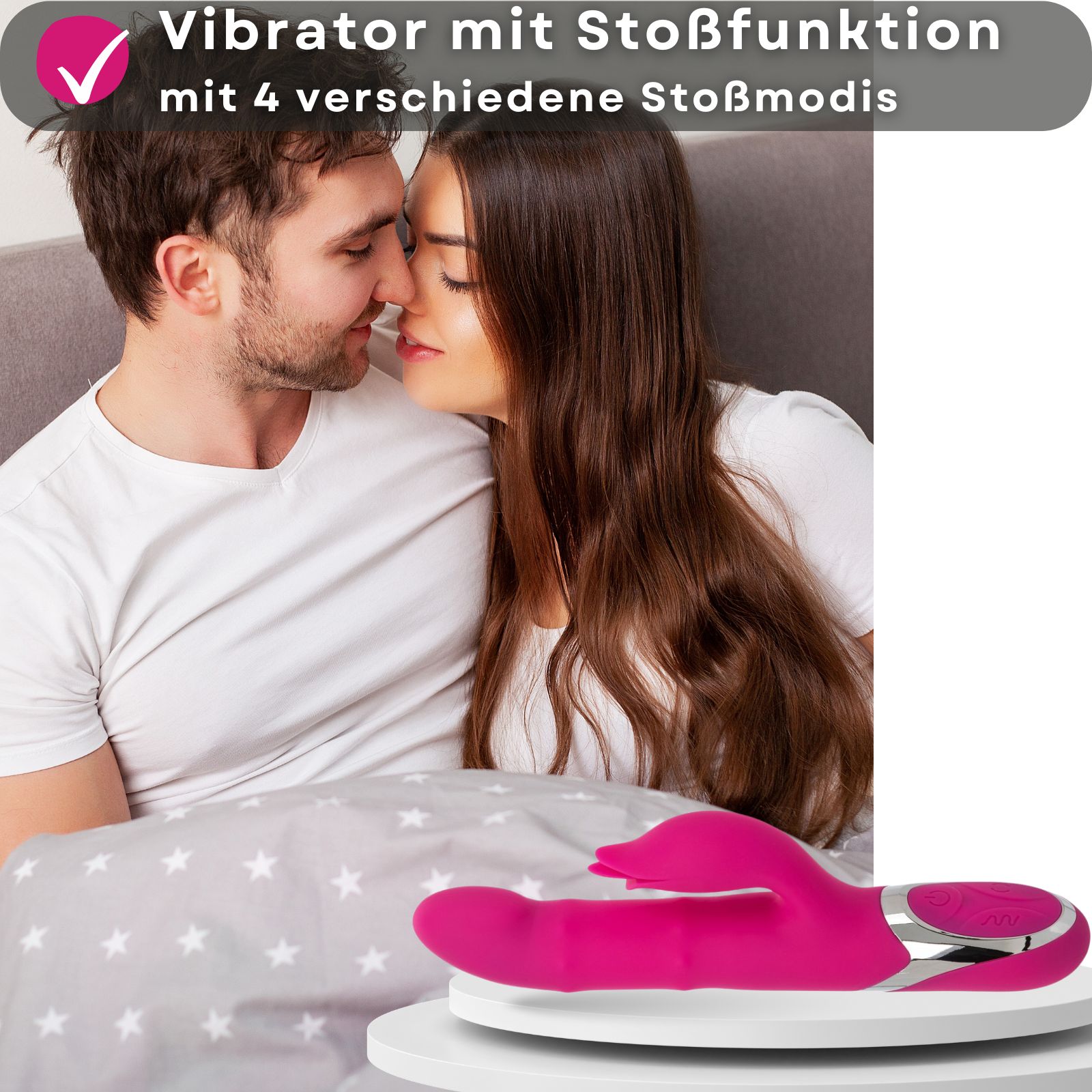 Pinkfarbener Vibrator mit Stoßfunktion. Auf weißer Oberfläche. Mit 4 Stoßmodi.