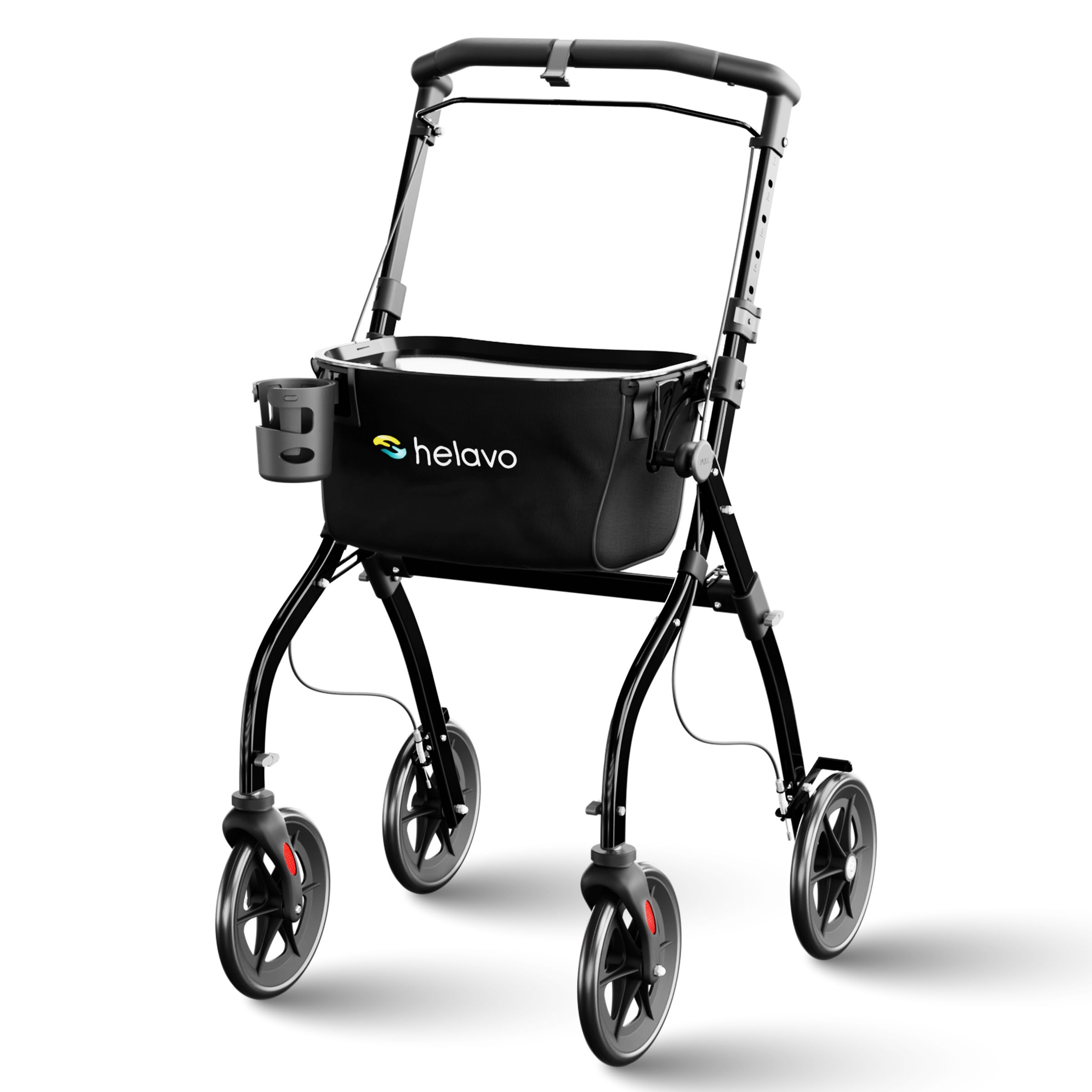 Schwarzer Indoor-Rollator mit Tasche, Becherhalter und Tablett.