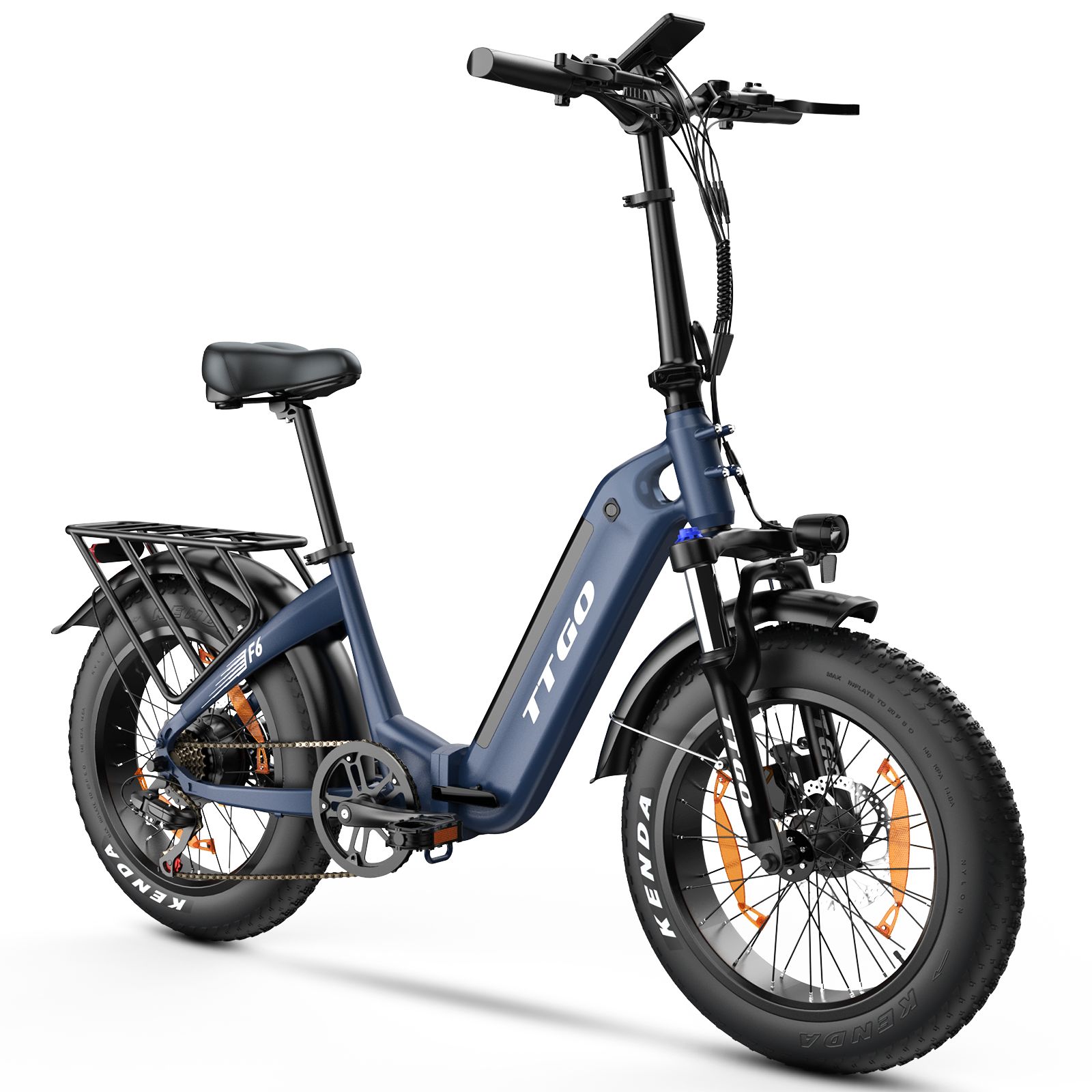 Faltbares E-Bike, dunkelblau. Schwarze Reifen mit Kenda-Schriftzug. Gepäckträger, Sattel, Schutzbleche. TTGO-Logo.