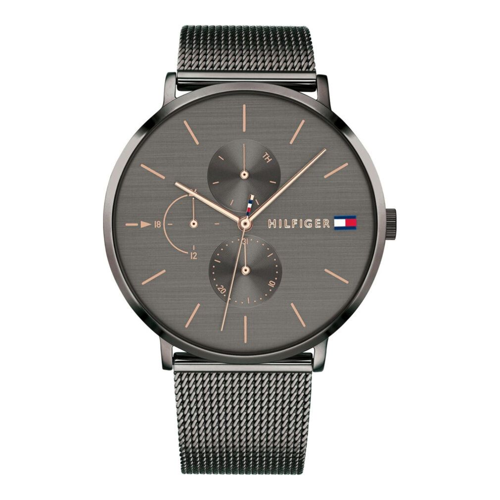 Uhr mit grauem Zifferblatt, roségoldenen Zeigern und Mesh-Armband. Hilfiger-Logo und drei kleine Zifferblätter.