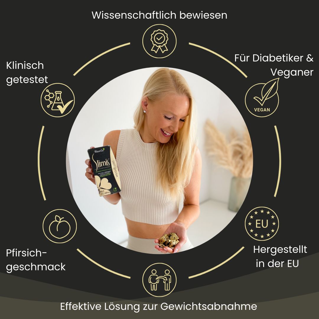 Biostile Slimis Packung umgeben von Icons, die Vorteile und Merkmale darstellen.