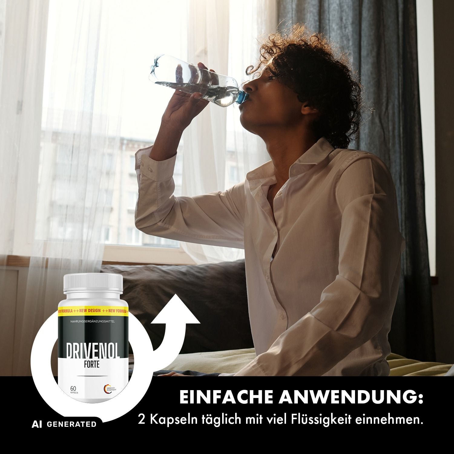 Frau trinkt Wasser neben einer Alpha Edge Forte Drive Kapseldose und einem Pfeil.